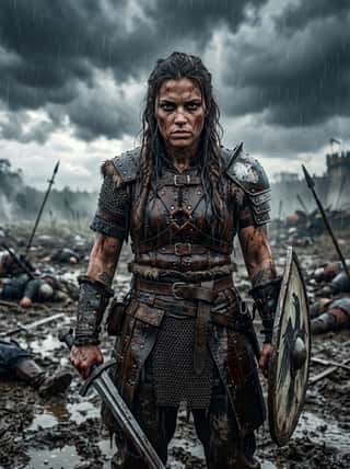 Fierce warrior woman in battle-worn leather armor holding a sword and shield on a muddy, rain-soaked battlefield