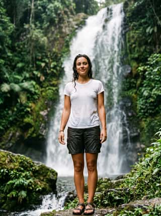 Dark-haired hiker in a white tee and shorts smiling in front of a lush tropical waterfall surrounded by greenery