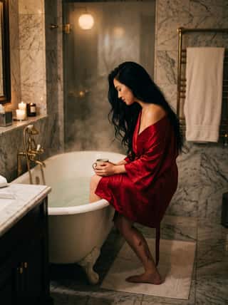 Black-haired woman in a red silk robe perched on the edge of a marble bathtub, holding a warm cup of tea