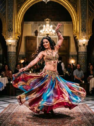 AI girl generator result of a belly dancer mid-spin in a colorful flowing skirt inside an ornate golden palace hall