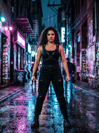 Curly-haired woman in all-black tactical gear standing defiantly in a neon-soaked rain-drenched city alleyway