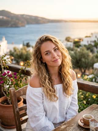 Wavy blonde with sun-kissed curls enjoying coffee at a seaside terrace overlooking a Mediterranean bay at dusk