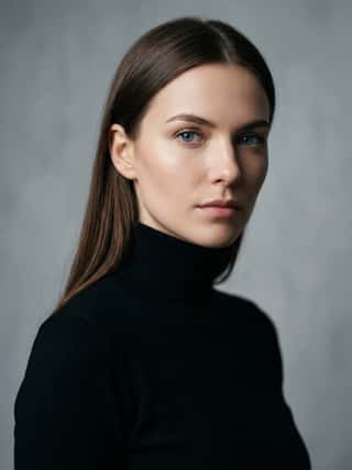 Sleek brunette in a black turtleneck giving a piercing look against a soft grey studio backdrop
