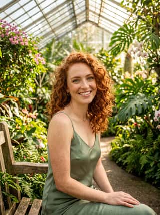 Cheerful redhead with bouncy curls in a sage green slip dress sitting in a sunlit botanical greenhouse