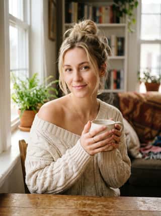 Blonde with a messy bun cradling a mug in a cozy cable-knit sweater by a window in a book-filled room
