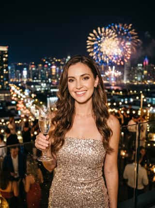 AI girl generator showcase of a brunette in a sparkly gold dress raising champagne with rooftop fireworks behind her