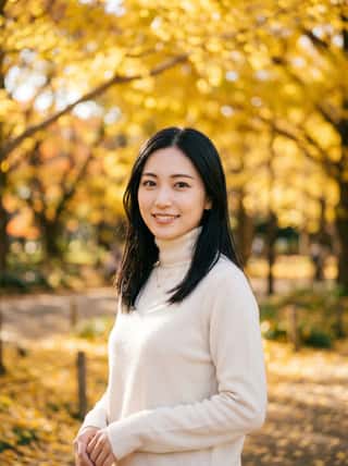 Black-haired woman in a cream sweater standing among golden ginkgo trees in an autumn park, smiling gently