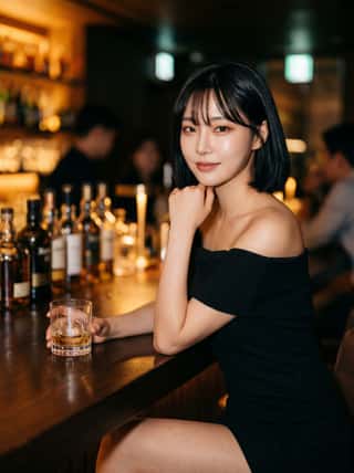 Short-haired brunette in an off-shoulder black dress at a moody whiskey bar with warm amber lighting