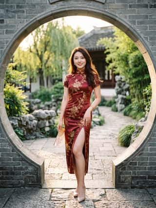 Elegant woman in a burgundy floral qipao walking through a round moon gate in a classical Chinese garden