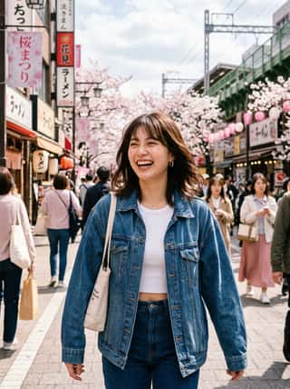 Cheerful girl in a denim jacket and white crop top laughing on a cherry blossom-lined Japanese shopping street