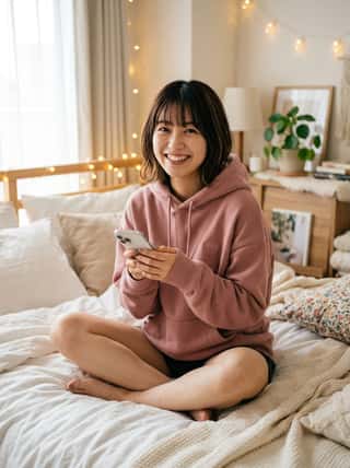 Smiling girl in a pink oversized hoodie sitting cross-legged on a bed with fairy lights, holding her phone