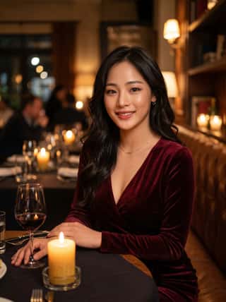 Wavy black-haired woman in a burgundy velvet wrap dress at a candlelit fine-dining restaurant table