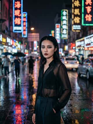 Dark-eyed woman with slicked-back hair in a sheer black blouse standing on a rainy neon-lit Chinese street at night