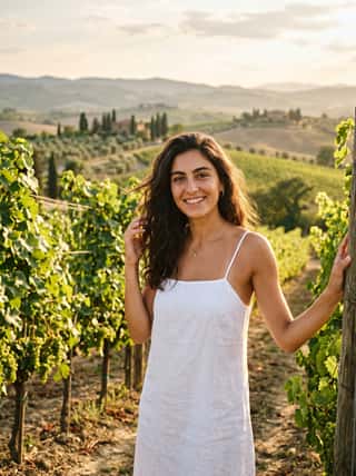 Brunette in a white linen sundress touching her hair in a Tuscan vineyard at golden hour with rolling hills behind