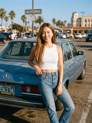 Straight-haired girl in a white tank top and jeans leaning against a vintage blue Mercedes under California sun