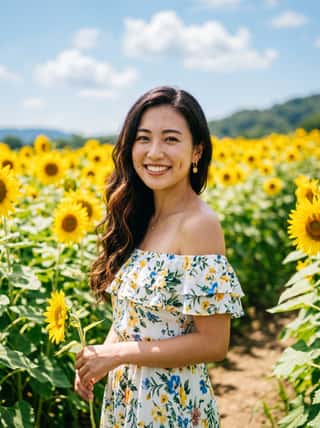 Smiling woman with long dark waves in a floral off-shoulder dress holding a sunflower in a bright sunflower field