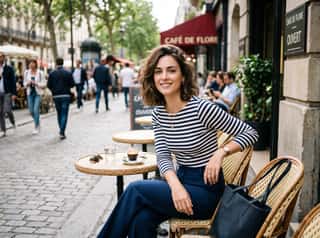 Curly-haired brunette in a striped Breton top and navy trousers at a Parisian sidewalk cafe with an espresso