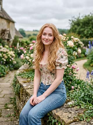AI girl generator creation of a strawberry blonde in a floral corset top seated in an English cottage rose garden