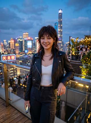 Shaggy-haired brunette in a leather jacket and white top on a rooftop terrace with a glowing city skyline at dusk