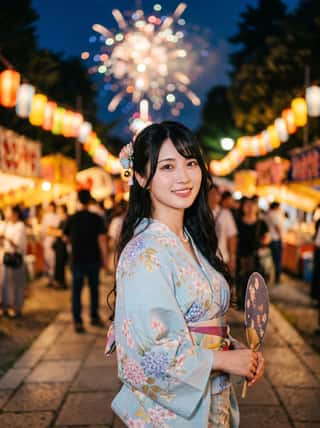 Black-haired woman in a light blue floral yukata holding a fan at a Japanese summer festival with fireworks above