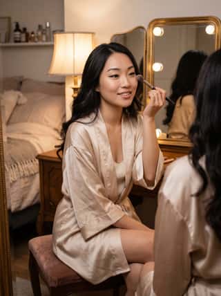 Dark-haired woman in a champagne satin robe applying blush at a vanity mirror with soft bedroom lighting