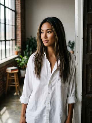 Long-haired brunette in an oversized white button-down shirt gazing out a loft window with exposed brick walls
