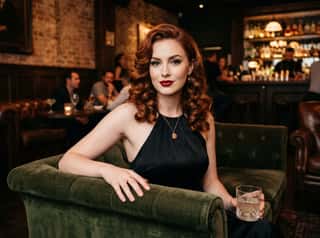 Red-haired woman with vintage Hollywood curls in a black halter top seated in a green velvet speakeasy booth
