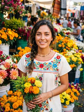 Braided-hair woman in an embroidered Mexican blouse holding marigolds at a colorful outdoor flower market