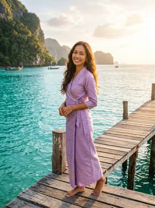 Smiling woman in a lavender wrap dress standing barefoot on a wooden pier over crystal-clear tropical water