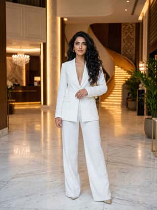 Black-haired woman in a tailored white pantsuit standing in a luxurious hotel lobby with a marble staircase behind