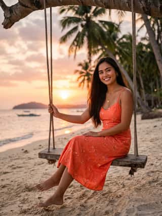 Long-haired brunette in a coral sundress sitting on a rope swing under palm trees with a beach sunset backdrop