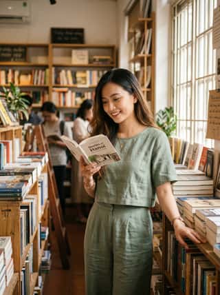 AI girl generator result of a woman in sage green linen browsing a sunlit bookstore filled with wooden shelves