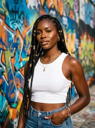 Woman with long box braids and gold cuffs in a white crop top standing against a vibrant graffiti-covered wall