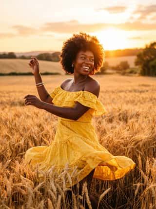 Joyful woman with natural afro hair twirling in a yellow ruffled dress through a golden wheat field at sunset
