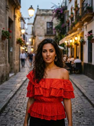 AI girl generator portrait of a brunette in a ruffled red off-shoulder top on an old European cobblestone street at twilight