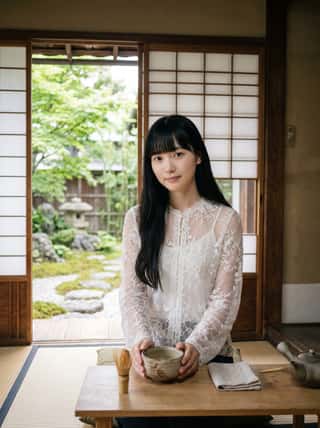 Black-haired woman with straight bangs in a white lace blouse holding a tea bowl in a traditional Japanese tatami room