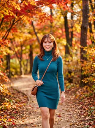 Auburn-haired woman in a teal turtleneck dress walking through a forest path ablaze with red and orange autumn leaves