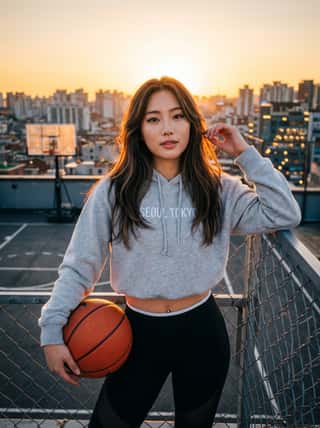 Long-haired woman in a cropped grey hoodie holding a basketball on a rooftop court at sunset over a city skyline