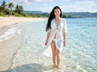 Black-haired woman wading in shallow turquoise water wearing a white lace beach cover-up on a tropical island shore
