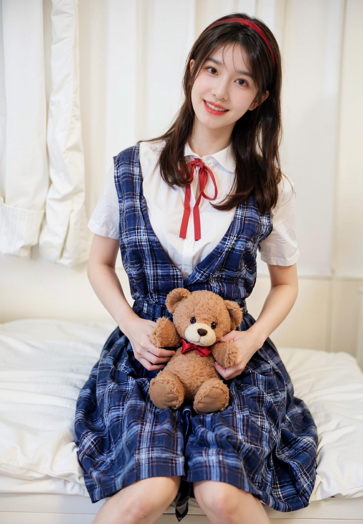 Sweet girl in plaid dress holding a teddy bear, soft light
