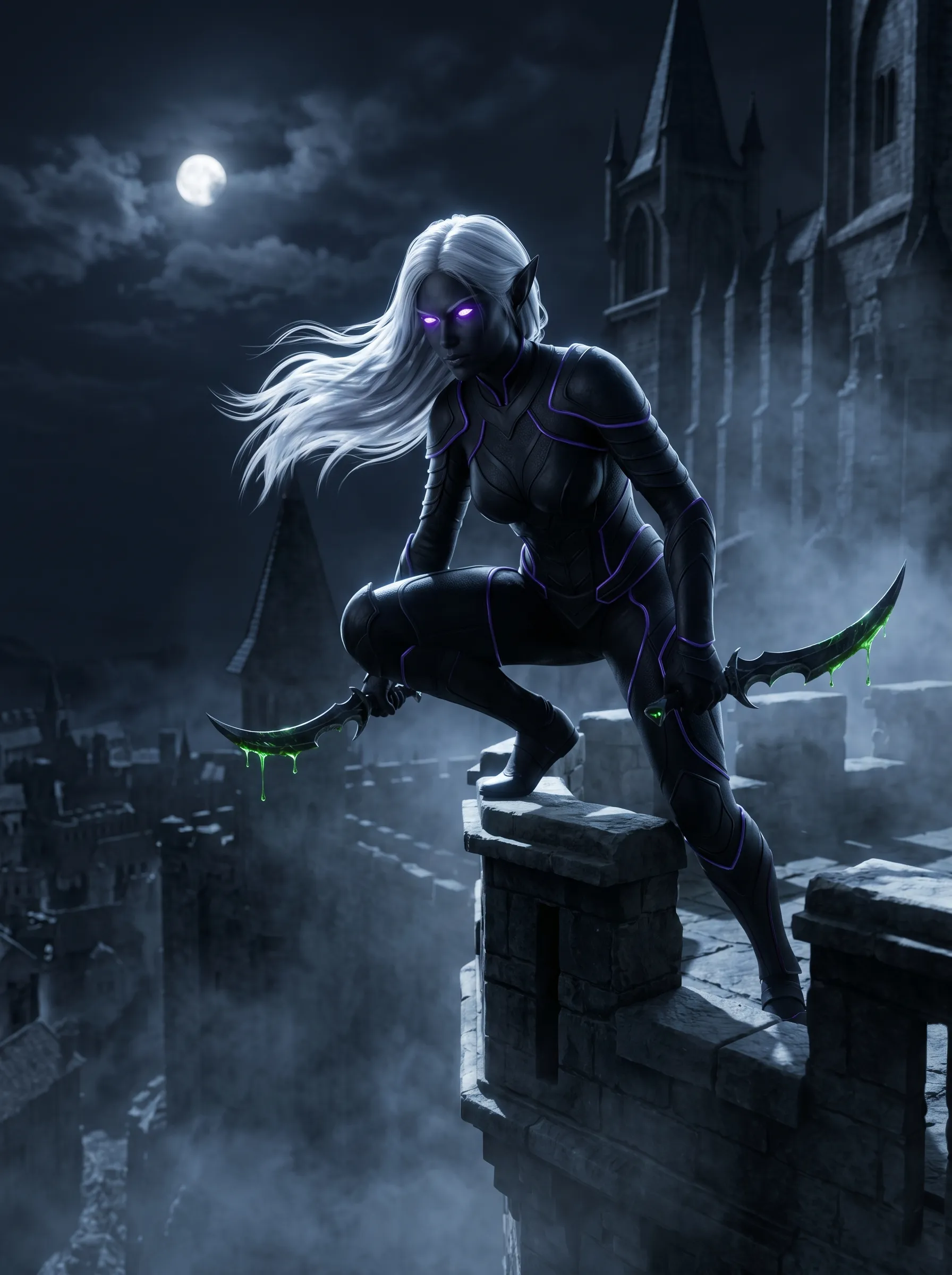 AI girl generator 3D dark elf assassin perched on a gothic spire with poison daggers under a full moon