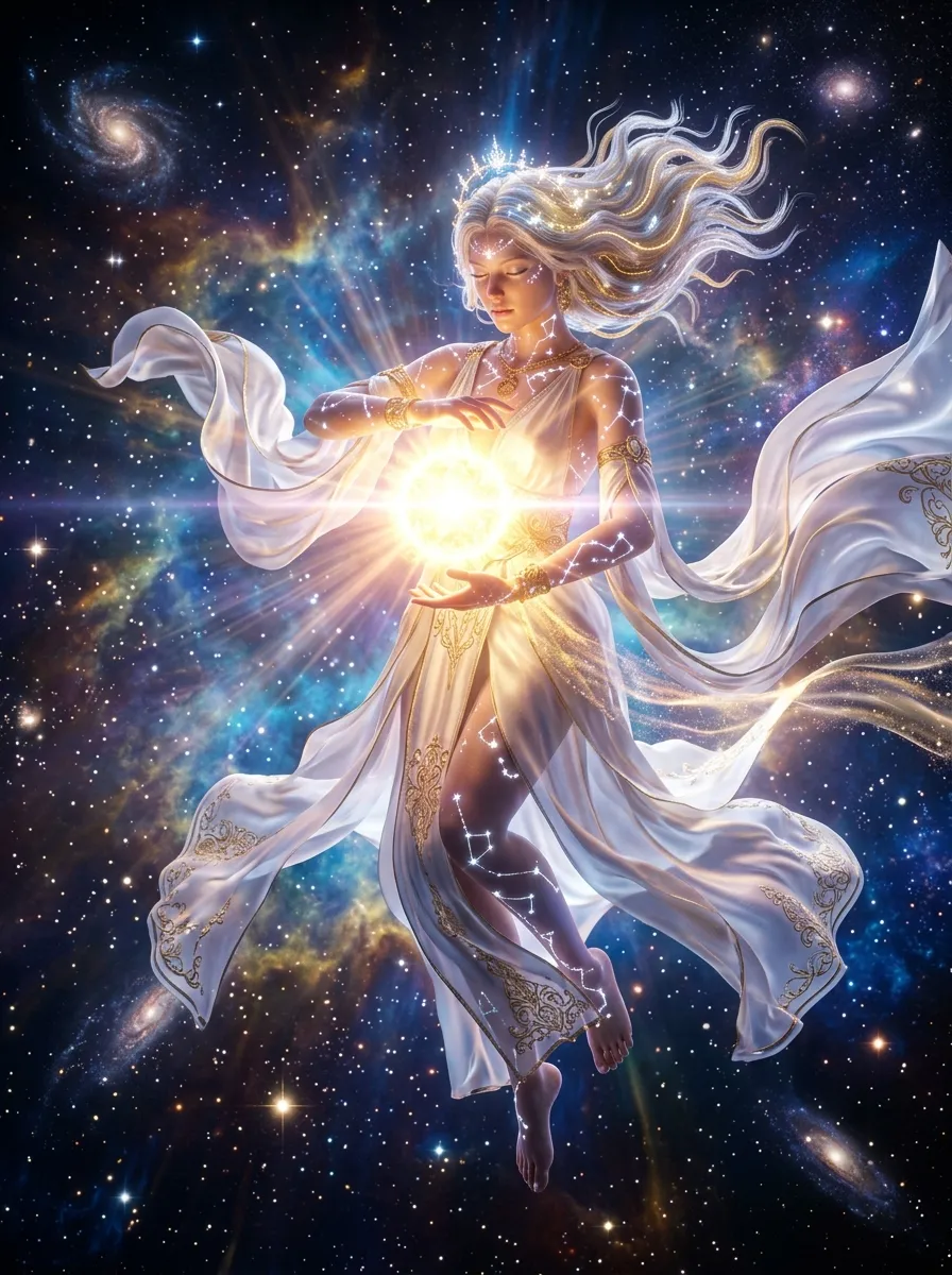 Celestial goddess with flowing white hair cradling a glowing sun orb while floating among galaxies
