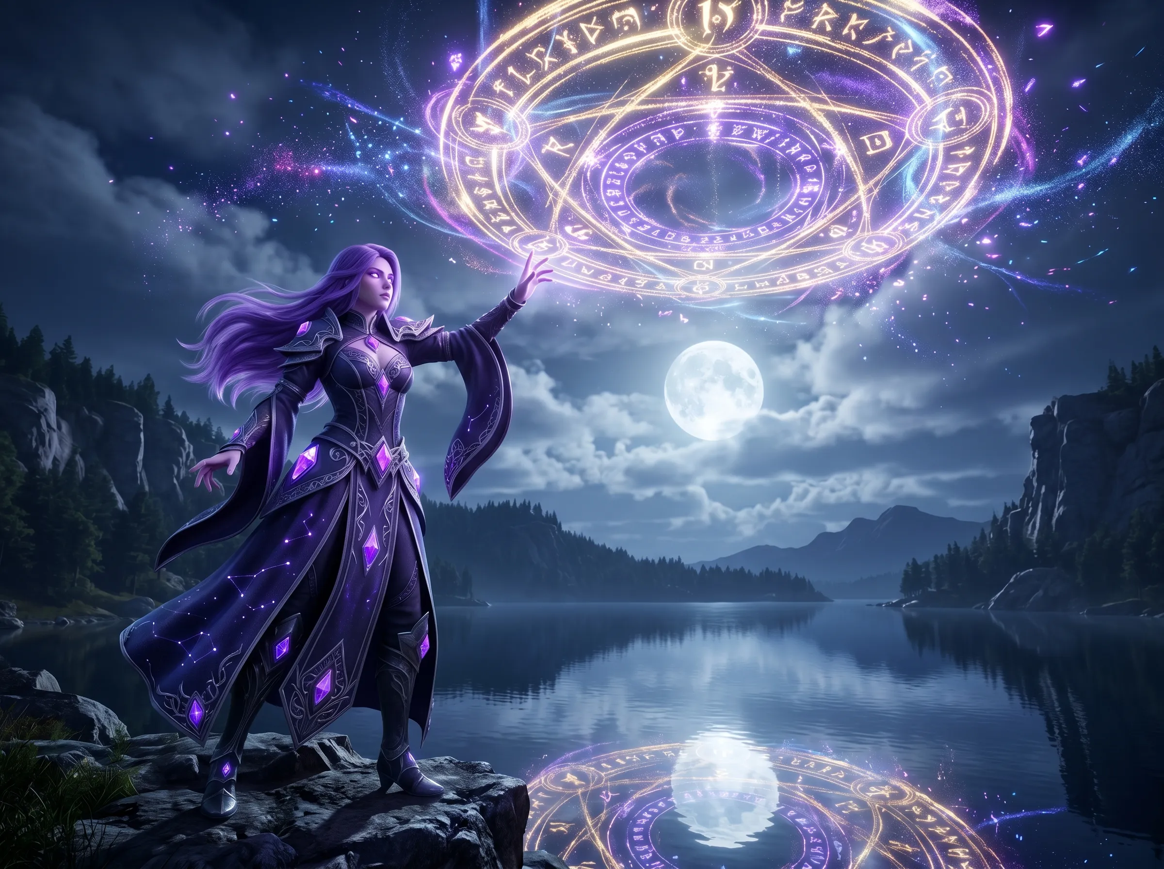 Purple-haired sorceress casting a massive arcane rune circle above a moonlit lake, flowing violet robes