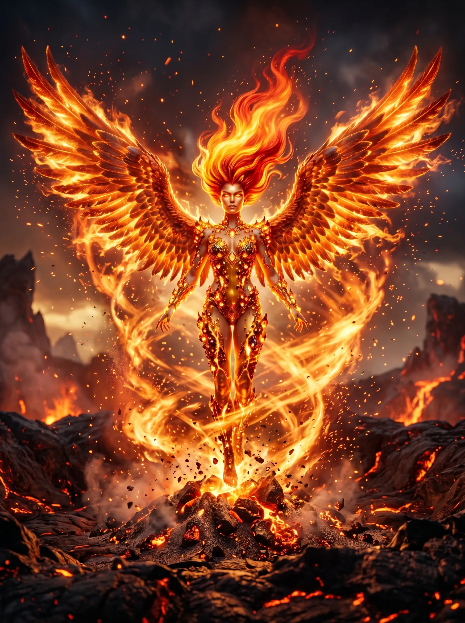 Blazing phoenix woman rising from volcanic rock with fiery wings spread wide, molten embers everywhere