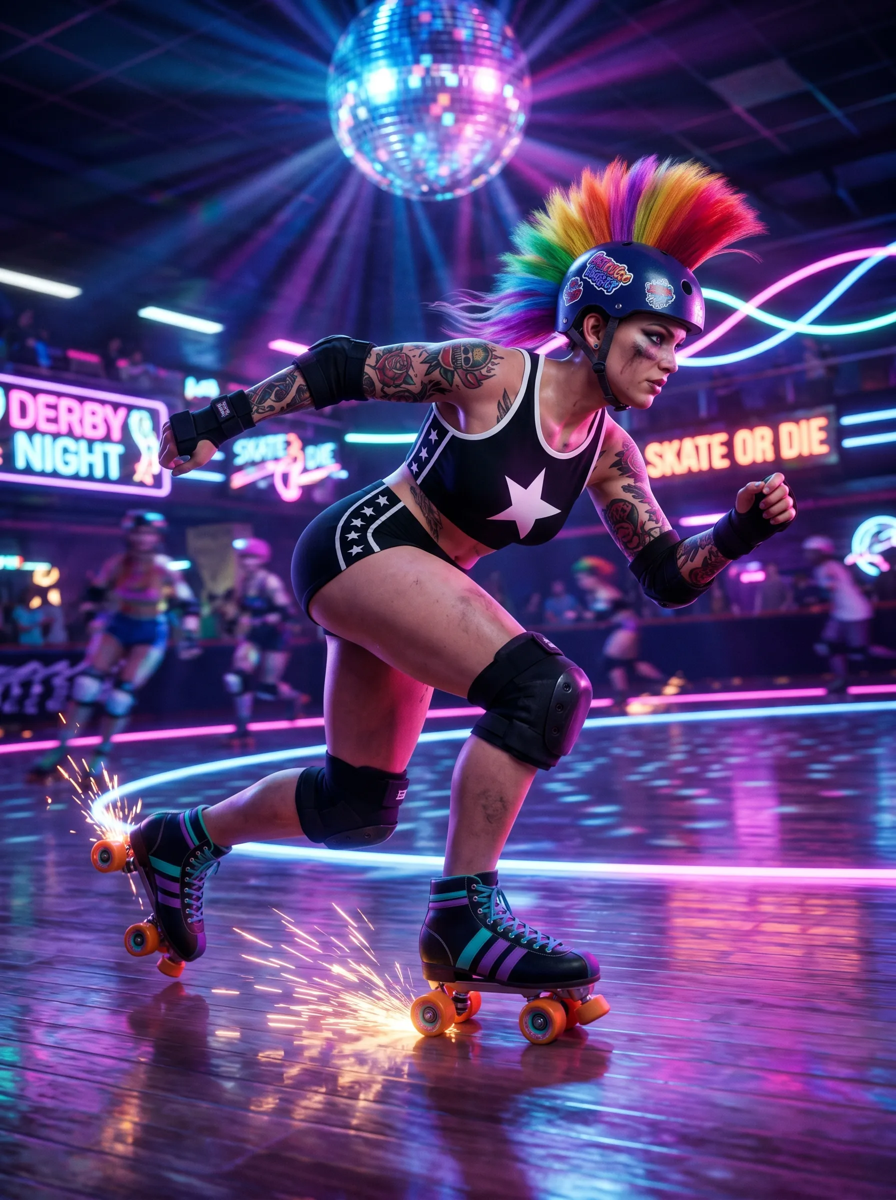 AI girl generator 3D roller derby skater with rainbow mohawk and tattoos racing under a disco ball