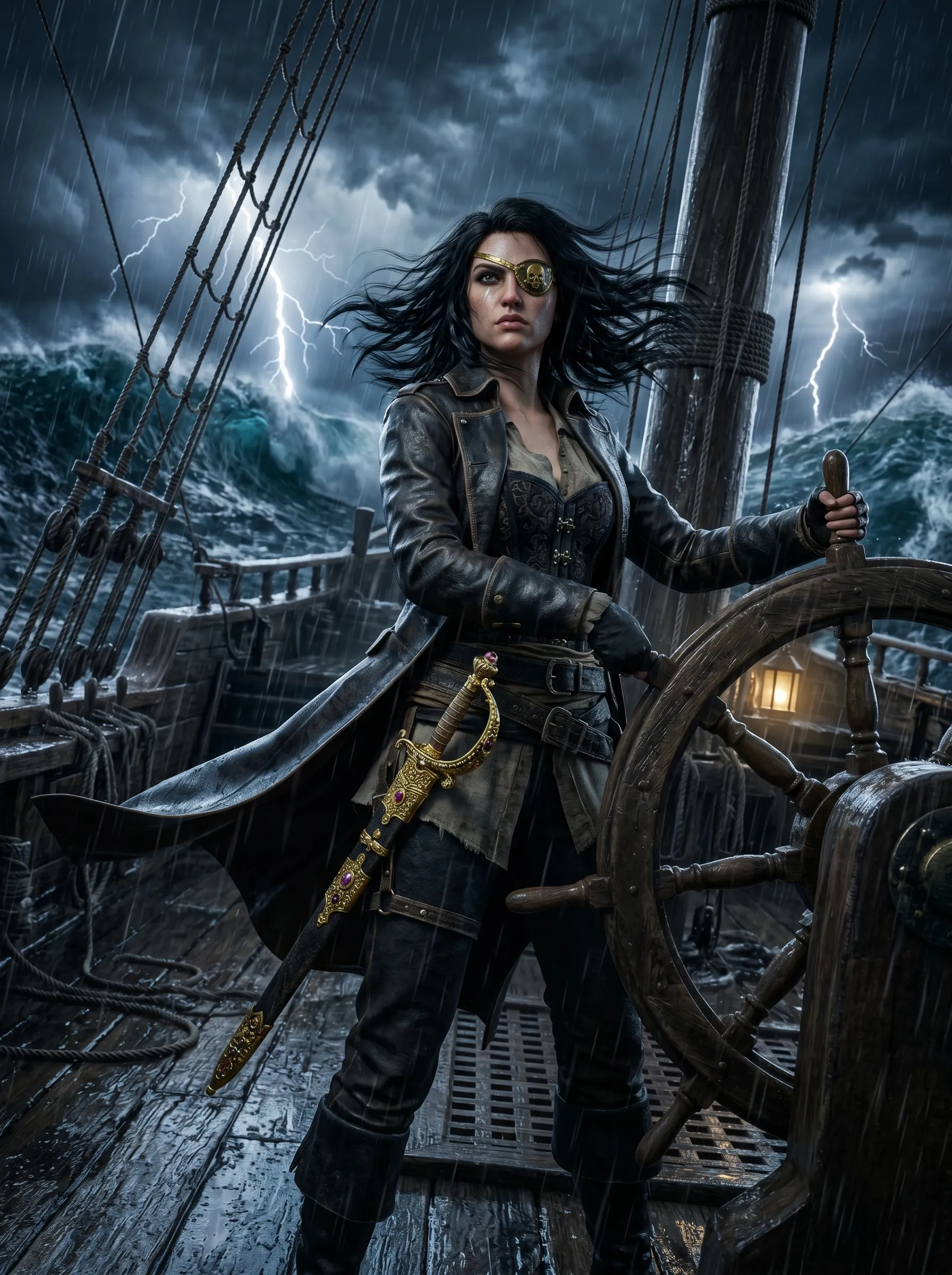 Black-haired pirate captain gripping the wheel during a lightning storm, eye patch and leather coat billowing