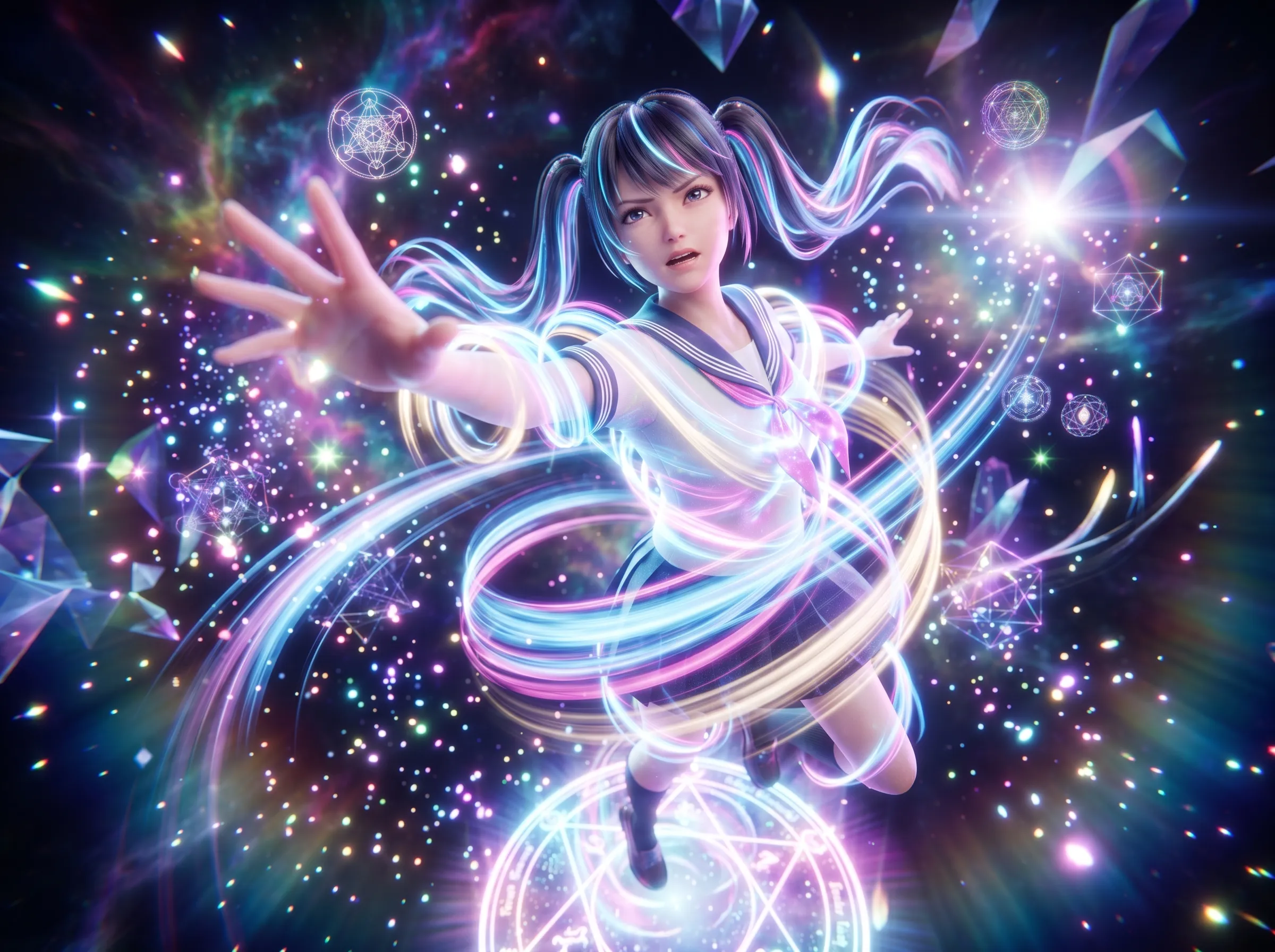 Schoolgirl with streaked hair unleashing swirling light magic from her hands in a cosmic void, 3D render