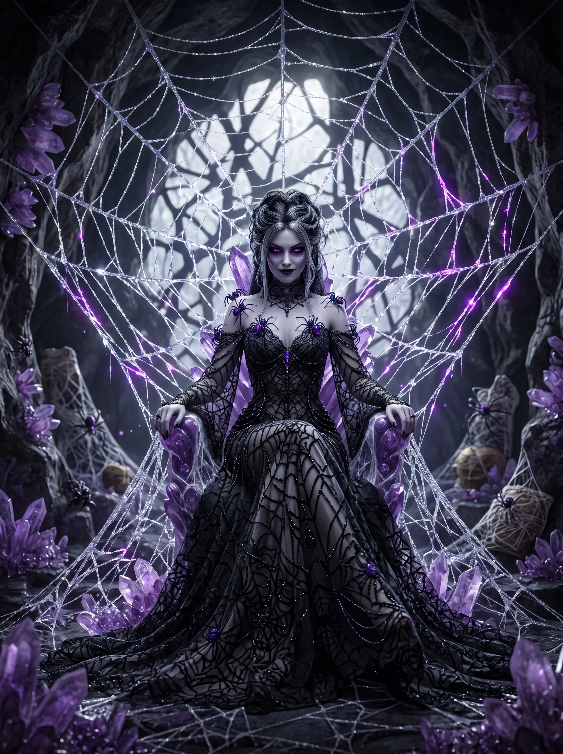 Spider queen in a black web-patterned gown seated among purple crystals and silver threads, 3D render