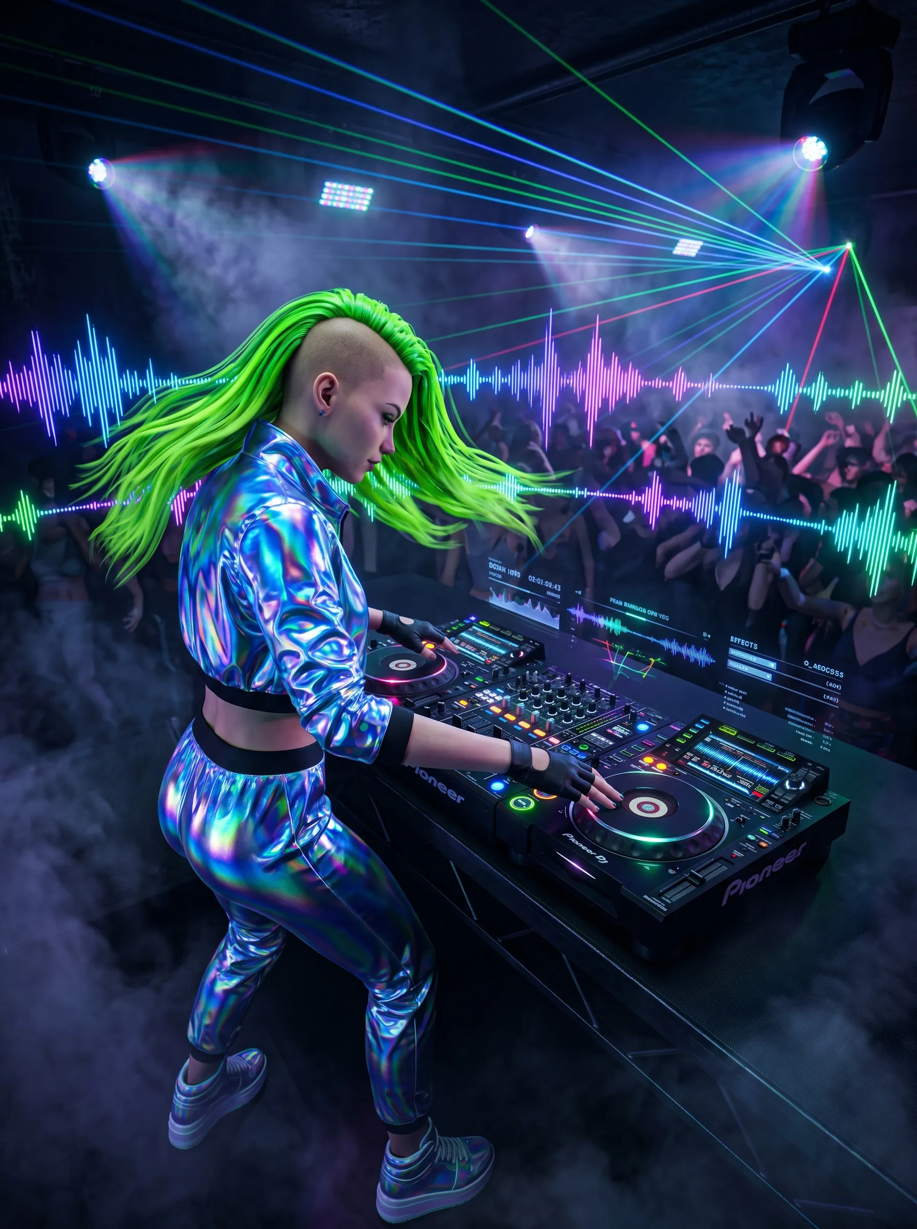 Green-haired DJ in a holographic outfit mixing tracks with neon soundwaves pulsing behind her, 3D render