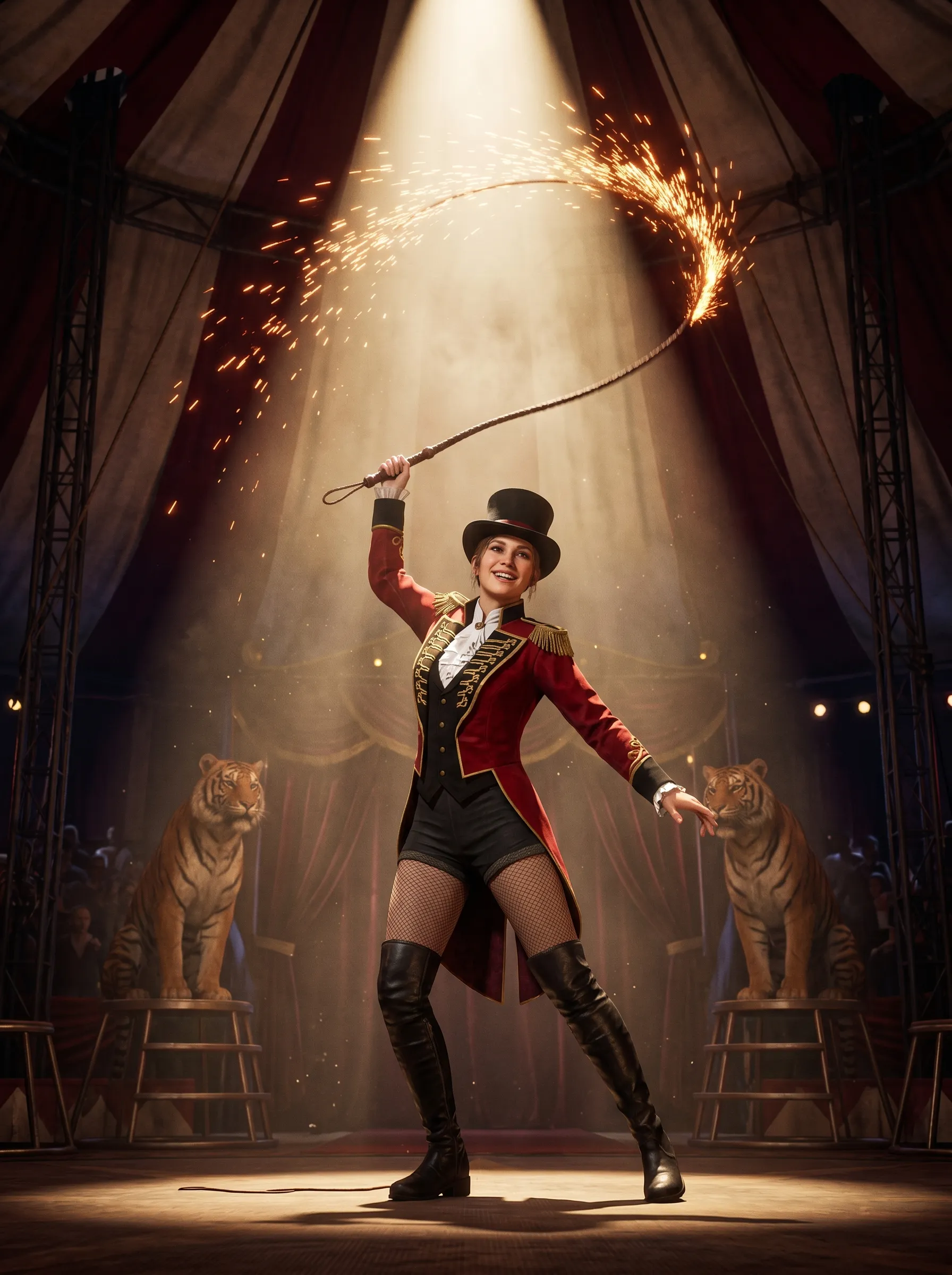 Circus ringmaster in a red tailcoat cracking a flaming whip on stage with tigers behind her, 3D render